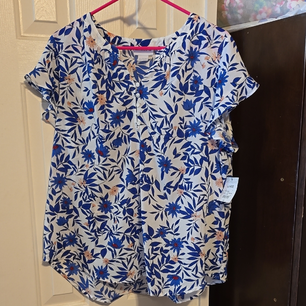 Liz Claiborne Blue and White Floral Blouse